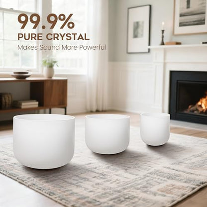 CVNC 440HZ 6" A Note 8" F Note and 10" C Note Frosted Quartz Crystal Singing Bowl Chakra Set of 3 with Carry Case Bag for Sound Healing Meditation - color: White-AFC, size: 6-10 inch