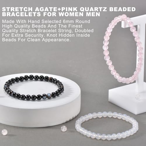 3PCS Agate Bracelet for Women Men Natural Round Beaded Agates Stone Healing Stretch Bracelets Elastic Handmade Polished Gemstone Beads Bracelet - color: White+Pink+Black White
