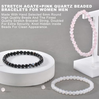 3PCS Agate Bracelet for Women Men Natural Round Beaded Agates Stone Healing Stretch Bracelets Elastic Handmade Polished Gemstone Beads Bracelet - color: White+Pink+Black White