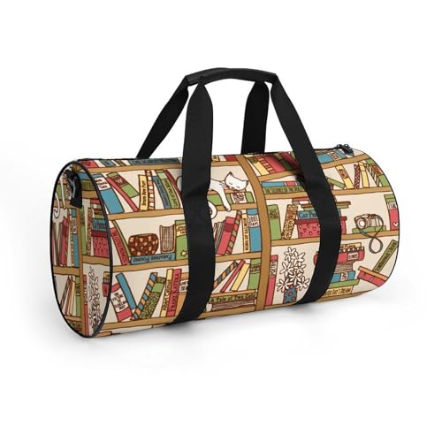 Sleeping Cat Library Bookshelf Cylindrical Portable Fitness Bag, Large Capacity Handbag - color: sleeping cat library bookshelf