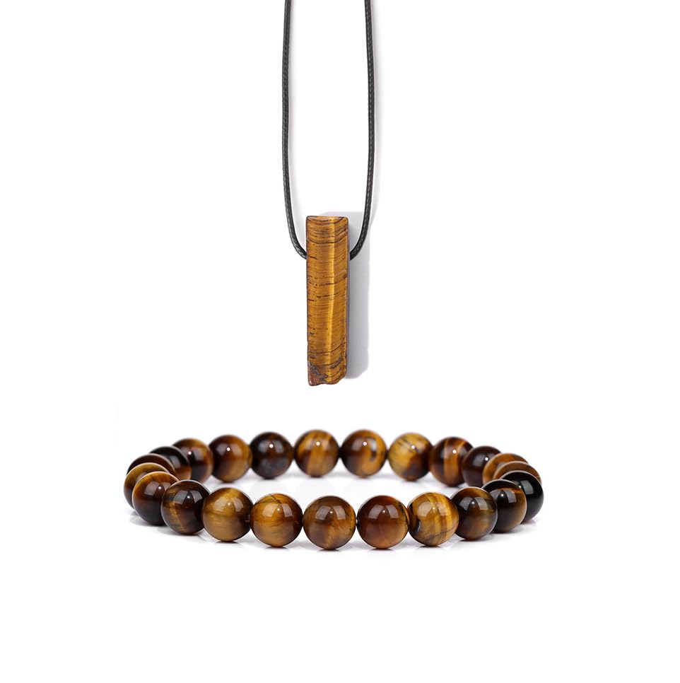 Pingyongchang Stress Relief Anxiety Yoga Bracelets Necklace Set,Healing Crystal Stone Mantra Bracelets for Women Natural Crystal Stone birthday Gifts For Teen Girls Black Leather Necklace for Men - color: Tiger Eye