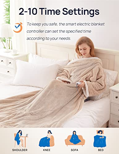 Westinghouse Electric Snuggle Throw Blankets with Foot Pocket, Wearable Heated Throw with Sleeves, 6 Heating Levels & 2 to 10 Hours Heating Time Settings, 50 * 70"+18", Beige - color: Beige&ivory, size: 70*50" Heated Snuggle Blanket