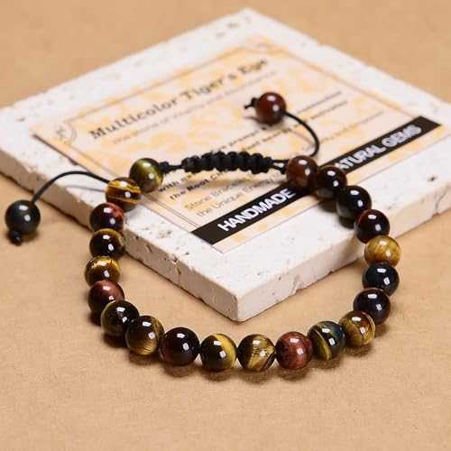 MASSIVE BEADS Handmade Yoga Natural Stone Crystal Healing Power Energy Gifts for Unisex Adult Bracelet Macrame Adjustable - color: 3-Tiger's Eye (Vitality and Abundance), size: 8mm