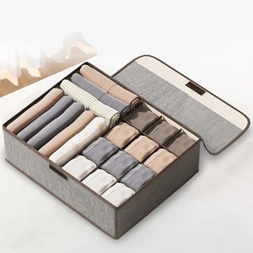Linen Storage Box with Lid – 13-Compartment Multi-Section Organizer for Clothes, Socks, and Home Use (Grey) - color: Grey