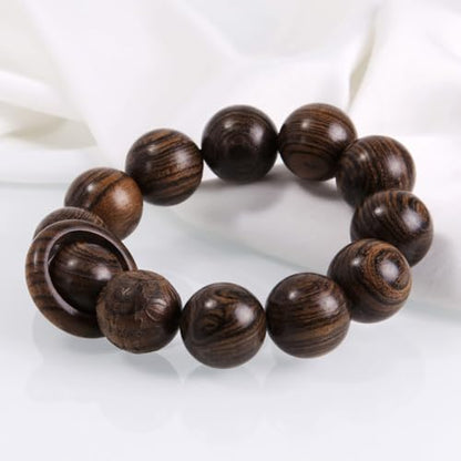 Handcrafted Neutral 12 Beads Natural Sandalwood Prayer Bead Chain Wrist Meditation Star Ring Circular Stress Relief bracelet Rosary Beads for men and women - color: Tiger print sandalwood