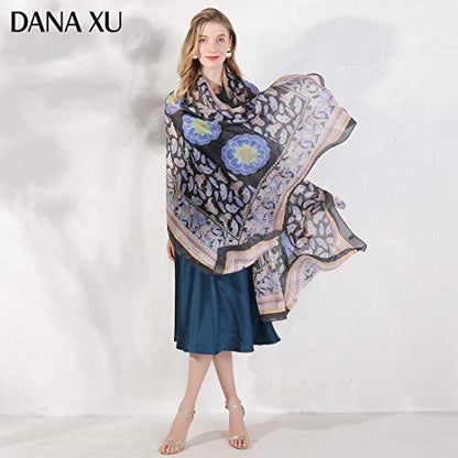 100% Mulberry Extra Large Silk Pashmina Scarf Shawls And Wraps For Women Evening Dress Summer Travel Floral Blanket - color: 77 Black&pink