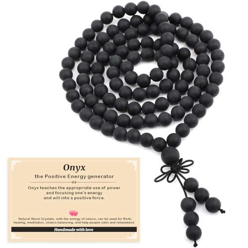 AD Beads 6mm 8mm 108 Prayer Mala Jasper Elastic Bracelet - Handmade Yoga Meditation Healing Power Energy Gifts for Unisex Adult. - color: Matte Onyx(Peace)
