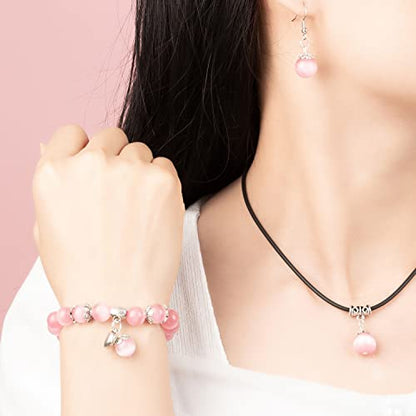 Natural Stretch Gemstone Bracelet Healing Stone Beaded Bracelets for Women Men Gifts (Unisex) - color: Pink 3pc