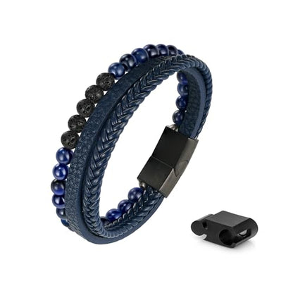 FOCOOG Leather Bead Bracelets for Men, Natural Tiger Eye Lava Rock Stone Bead Magnetic Clasp Adjustable Leather Bracelets Stress Relief Mens Anxiety Bracelet Mens Jewelry Gifts - style: Blue Leather-Blue Tiger Eye&Lava Rock
