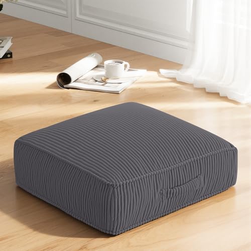Meditation Floor Pillow for Adults, 8" Extra Thick Floor Cushion for Sitting with Washable Cover, Large Corduroy Meditation Pillow, 24 inches Tatami Seat with Handle for Yoga Pillow, Grey - color: Dark Grey, size: 24x24x8 inch