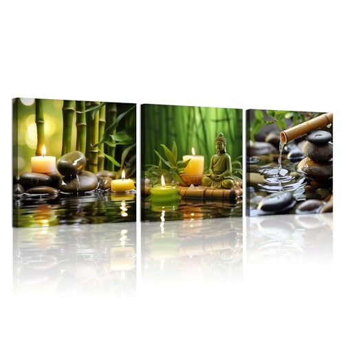 GLOKAKA Set of 3 Zen Canvas Wall Art Spa Stone Green Bamboo Zen Candles Buddha Pictures Relaxing Wall Art for Office Bedroom Living Room Decor Ready to Hang - color: Zen 04, size: 24"L x 24"W