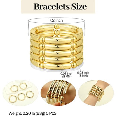 Gold Chunky Bangles Bracelets For Women 14k Gold Plated Stack Layered Curved Bamboo Tube Stretch Bracelets Gift Jewelry - color: 5pcs Gold-8mm