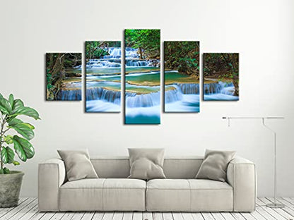Wieco Art Peaceful Waterfall 5 Panels Large Canvas Paintings Wall Art Modern Gallery Wrapped Landscape Forest Giclee Canvas Print Artwork Photo Pictures for Living Room Bedroom Home Decorations L - size: 12x16inchx2pcs,12x24inchx2pcs,12x32inchx1pc