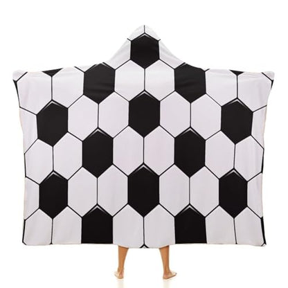 Soccer Ball White and Black Large Size Comfortable Hooded Blanket, Warm Blanket 60"x80" - color: Soccer Ball White and Black, size: 60"x80"