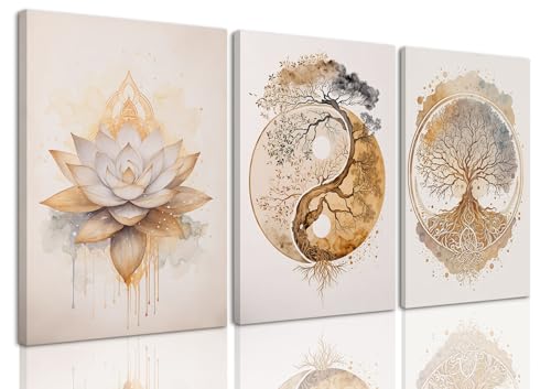AOYUSMO 3 Piece 3 Piece Tree of Life Wall Art Zen Wall Decor Yoga Room Canvas Art Modern Gold Lotus Flower Pictures Spiritual Meditation Paintings Spa Artwork For Living Room Bathroom - color: Lotus Gold, size: 12x16in
