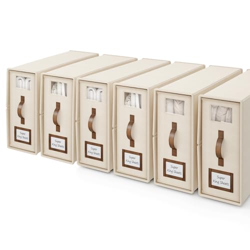 6 Pack Bed Sheets Organizers And Storage,Sheets Set Folder Keeper with Handle,Foldable Bedding Storage Box For Linen Closet,Duvet Cover(Cal King Size-5.2 Gal,Beige) - color: Beige, size: 6 Pack-Cal King Size-5.2 Gal