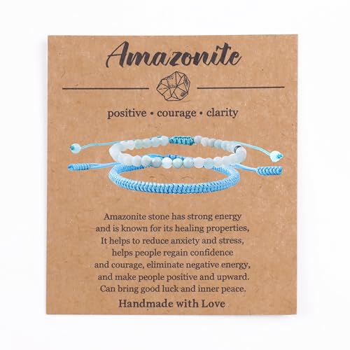 Natural Stone Healing Bracelet Tibetan Braided Style with Adjustable Rope String & Protective Energy Jewelry Gift for Womens & Men - color: Amazonite-Blue