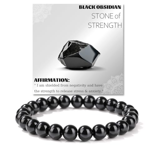 Crystal Beaded Bracelets for Women 4mm Clear Quartz Bead Handmade Gemstone Stretch Elastic Bracelet Natural Stone Crystal Healing Reiki Spiritual Jewelry Gifts - color: Black Obsidian, size: 8mm