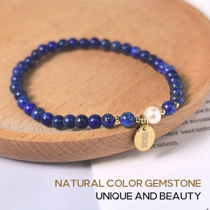 Morchic 4mm Natural Gemstone Beads Stretch Bracelet for Women, With Freshwater Pearls, Energy Gem Birthday Gift for Her 7.2” - color: Lapis Lazuli
