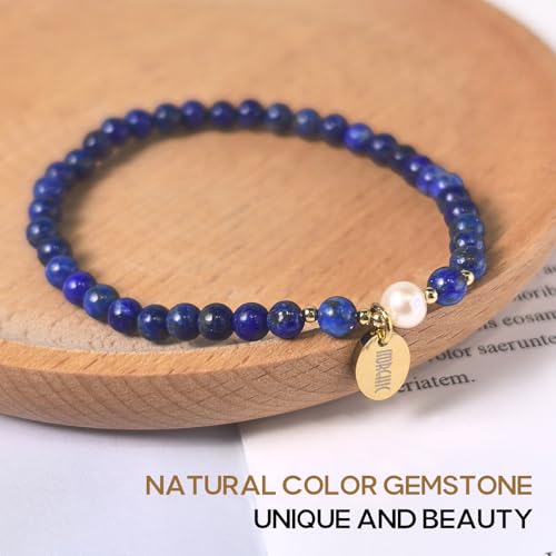 4mm Natural Gemstone Beads Stretch Bracelet for Women, With Freshwater Pearls, Energy Gem Birthday Gift for Her 7.2” - color: Lapis Lazuli