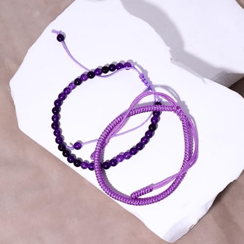 Natural Stone Healing Bracelet Tibetan Braided Style with Adjustable Rope String & Protective Energy Jewelry Gift for Womens & Men - color: Amethyst-Purple