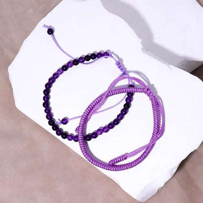 Natural Stone Healing Bracelet Tibetan Braided Style with Adjustable Rope String & Protective Energy Jewelry Gift for Womens & Men - color: Amethyst-Purple
