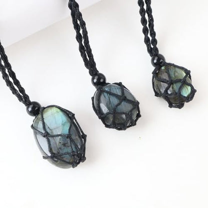 Natural unprocessed crystal raw stone hand woven rope adjustable necklace pendant for both men and women - color: C-3pcs Labradorite