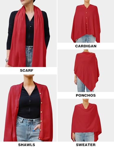 PULI Women's Versatile Knitted Shawls Scarf Poncho Sweater with Buttons Lightweight Spring Summer Fall Wraps - color: A-red