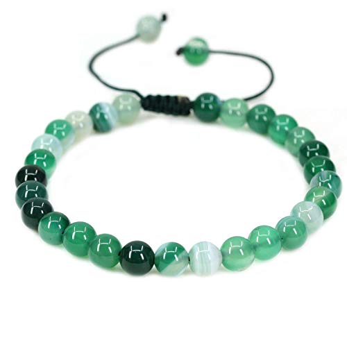 Angelstones Handmade Gemstone 6mm Round Beads Adjustable Braided Macrame Tassels Chakra Reiki Bracelets 7-9 inch Unisex - color: Green Banded Agate