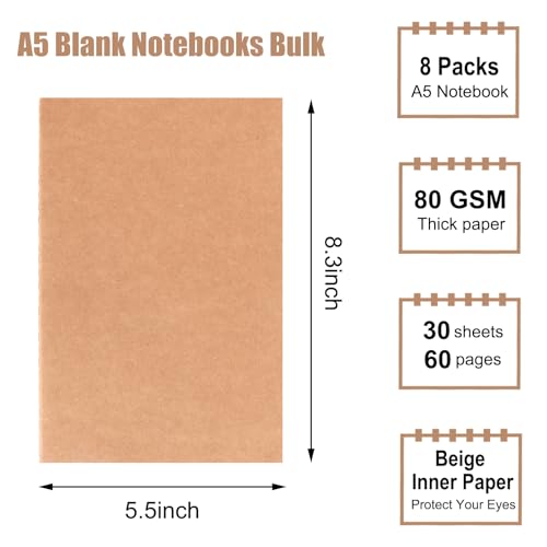 EOOUT 8 Pack Blank Kraft Notebooks, A5 Journals Notebook Bulk, Unlined Paper Sketchbooks, 8.3 x 5.5 inches 60 Pages Travel Journal Set for Journaling, Student, Kids, Writing - style: Blank-8pack