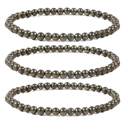 Justinstones Gem Semi Precious Gemstone 3pcs 4mm Round Beads Stretch Bracelet 6.5 Inch Unisex - color: Pyrite