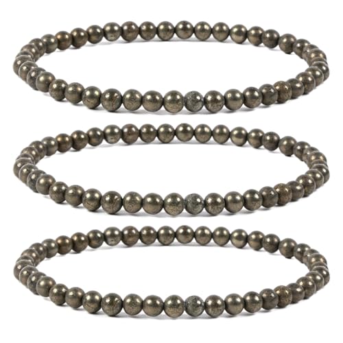 Justinstones Gem Semi Precious Gemstone 3pcs 4mm Round Beads Stretch Bracelet 6.5 Inch Unisex - color: Pyrite