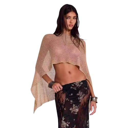 Women Sheer Poncho Top Summer Knit See Through Shrug Sweater Shawl Wrap Beach Cover Up KCSST001 - color: Camel