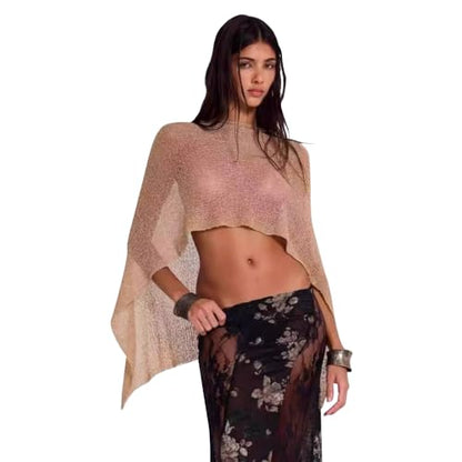 Women Sheer Poncho Top Summer Knit See Through Shrug Sweater Shawl Wrap Beach Cover Up KCSST001 - color: Camel