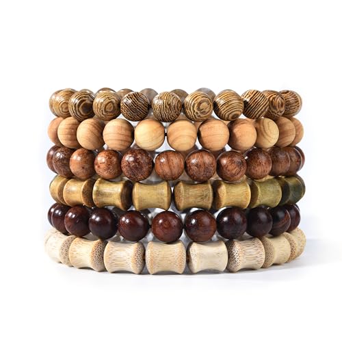 Wooden Beaded Bracelet Multi-Layered Stretch Bracelet for Men and Women Elastic Bracelet 6pcs - color: A-06