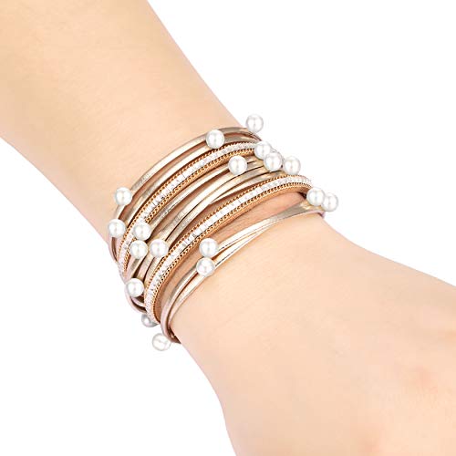 Fesciory Leopard Bracelet for Women, Boho Leather Wrap Multi-Layer Pearl Crystal Bracelet Bangle Jewelry - style: Gold Pearl-Double Wrap