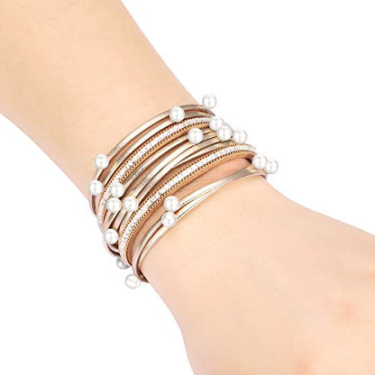 Fesciory Leopard Bracelet for Women, Boho Leather Wrap Multi-Layer Pearl Crystal Bracelet Bangle Jewelry - style: Gold Pearl-Double Wrap