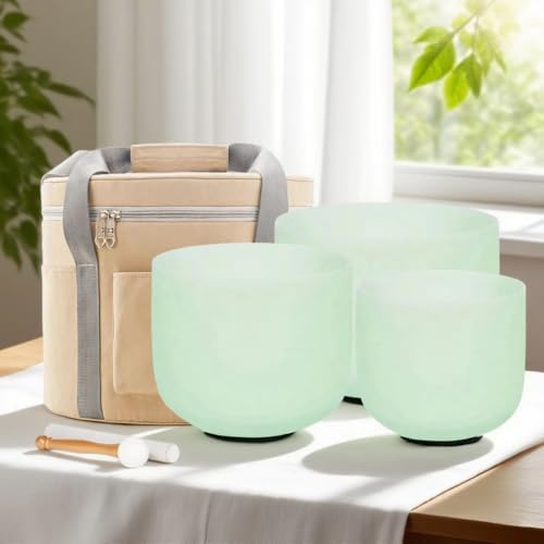 Hye-eun 432hz Crystal Singing Bowls Set,8-12inch Mint Green Sound Bath Bowl 8"A 10"F 12"C,Spiritual Mindfulness Sound Bowls with Beige Carry Case