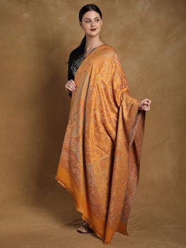 Exotic India Reversible Jamawar Shawl with Woven Paisleys - Wool - color: Golden Orange