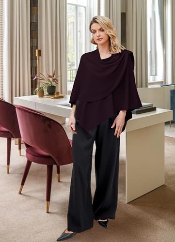 PULI Womens Large Cross Front Poncho Sweater Wrap Topper Knitted Elegant Shawls Cape for Fall Winter - color: 1-burgundy