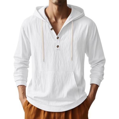 Men's Linen Hoodie Lightweight Hawaiian Shirt Casual Beach Shirt with Pockets - color: White
