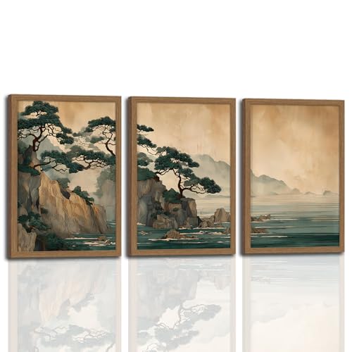 Japanese Zen Wall Art Set of 3 with Wooden Frame – Cliff and Ocean Seascape Prints, Framed Japanese Landscape Painting, Minimalist Asian Wall Decor 12x16 Inch - color: TreeHill, size: 12x16 Inch