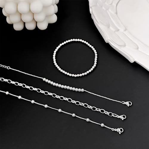 Zeffy Gold Pearl Beaded Bracelet for Women, 14K Gold Plated Jewelry Set With Paperclip Link Chain, Trendy Stack Bracelets - style: 4PCS Silver Pearl Beaded Stackable Bracelets