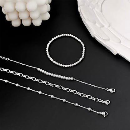 Zeffy Gold Pearl Beaded Bracelet for Women, 14K Gold Plated Jewelry Set With Paperclip Link Chain, Trendy Stack Bracelets - style: 4PCS Silver Pearl Beaded Stackable Bracelets