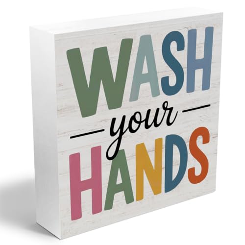 Funny Bathroom Decor Wood Box Sign, Wash Your Hands Woods Table Decorative Signs for Office Home Dorm Washroom Restroom Tabletop Shelf Decoration, Restroom Gifts for Coworker Friends Family - color: Wash your hands