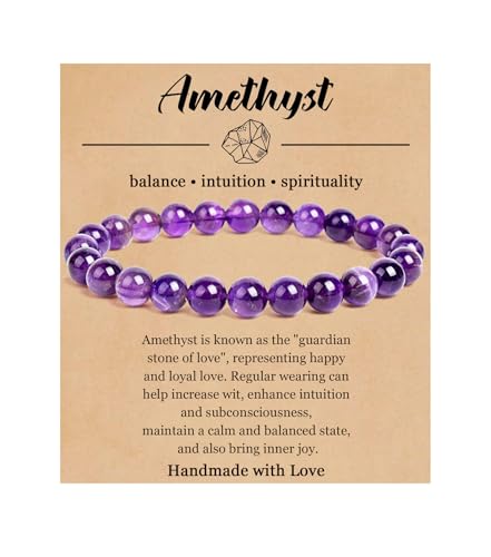 BOMAIL Natural Stone Bracelet for Women Men - 8MM Semi-Precious Gemstone Beaded Bracelet Healing Crystal Stretch Bracelet Yoga Bracelets Jewelry - color: Amethyst