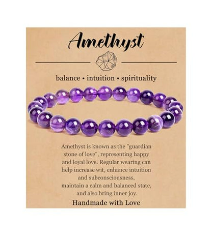 BOMAIL Natural Stone Bracelet for Women Men - 8MM Semi-Precious Gemstone Beaded Bracelet Healing Crystal Stretch Bracelet Yoga Bracelets Jewelry - color: Amethyst