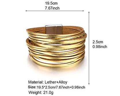Fesciory Leather Wrap Bracelets for Women, Boho Leopard Multi-Layer Crystal Beads Cuff Bracelet Jewelry - color: B14:Short Gold1