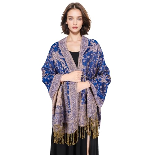 MUQU Women Pashmina Shawls and Wraps Scarf Soft Silky Reversible Paisley Scarves Shawl for Women - color: Dark Blue