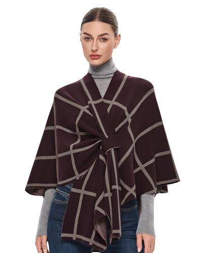PULI Women's Elegant Shawl Wraps Soft Open Front Poncho Sweater for Spring Fall Winter - color: Classic Check-burgundy and Oatmeal